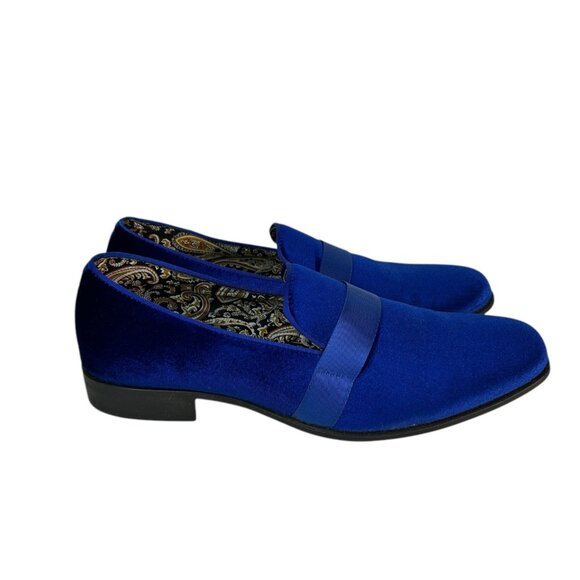 Mens Blue Velvet Loafers With Ribbon Accent & Paisley Lining Size 11 - Picture 2 of 11